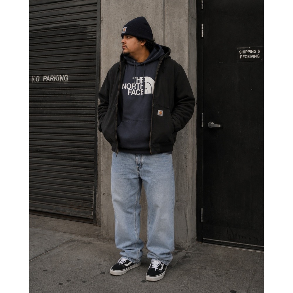 The North Face Mens XXL Logo Hoodie Navy Blue Gorpcore Boxy Pullover Sweatshirt